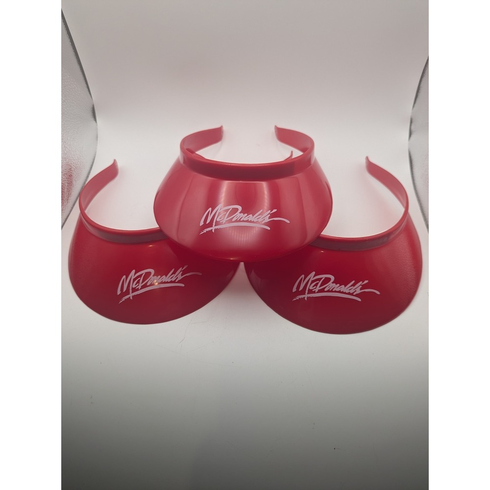 Lot of 3 Vintage McDonalds Visor Red Plastic Sun Hat Logo Unisex Made USA